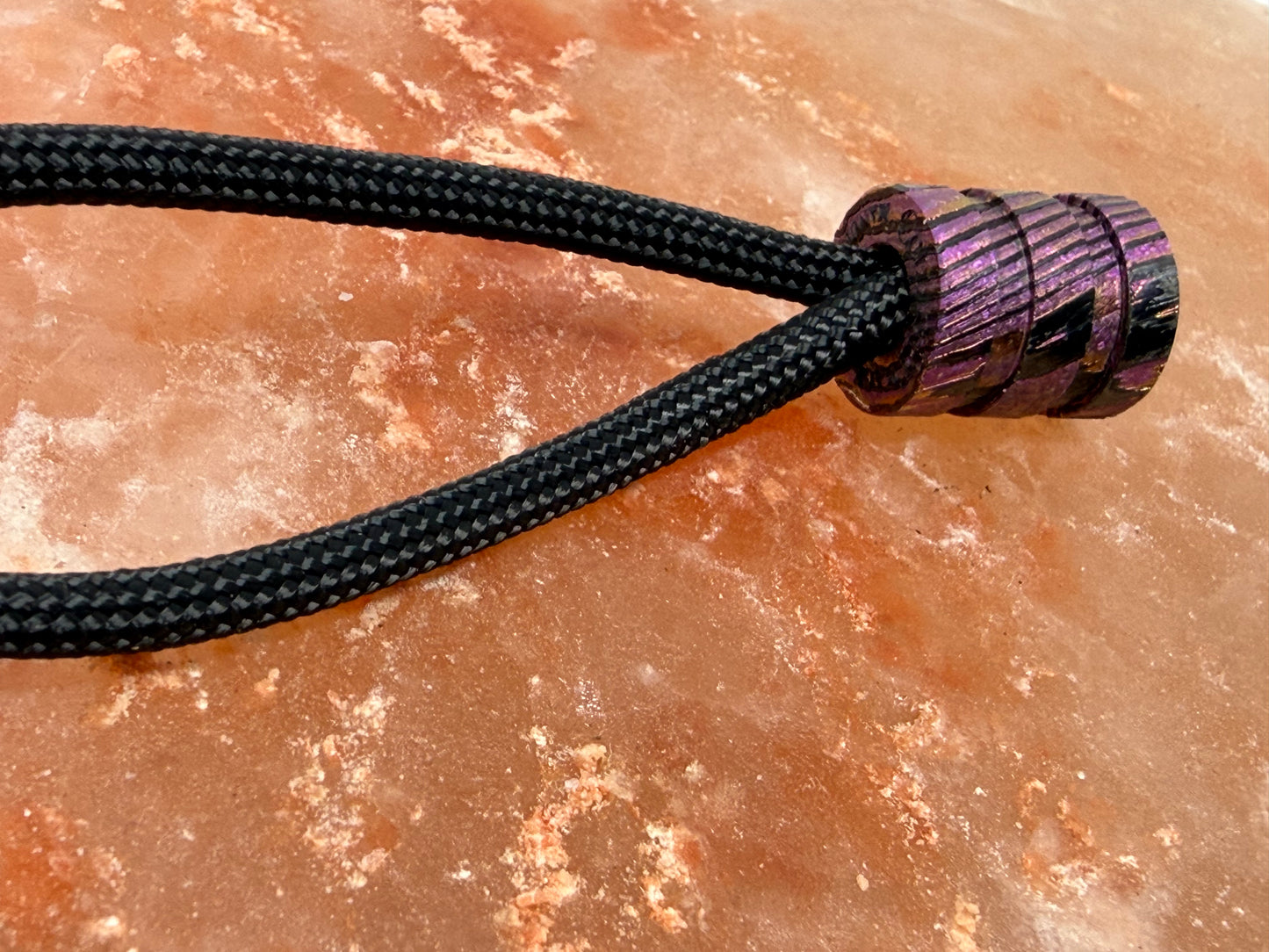 Purple, pink and gold Zircuti two line The End Bead