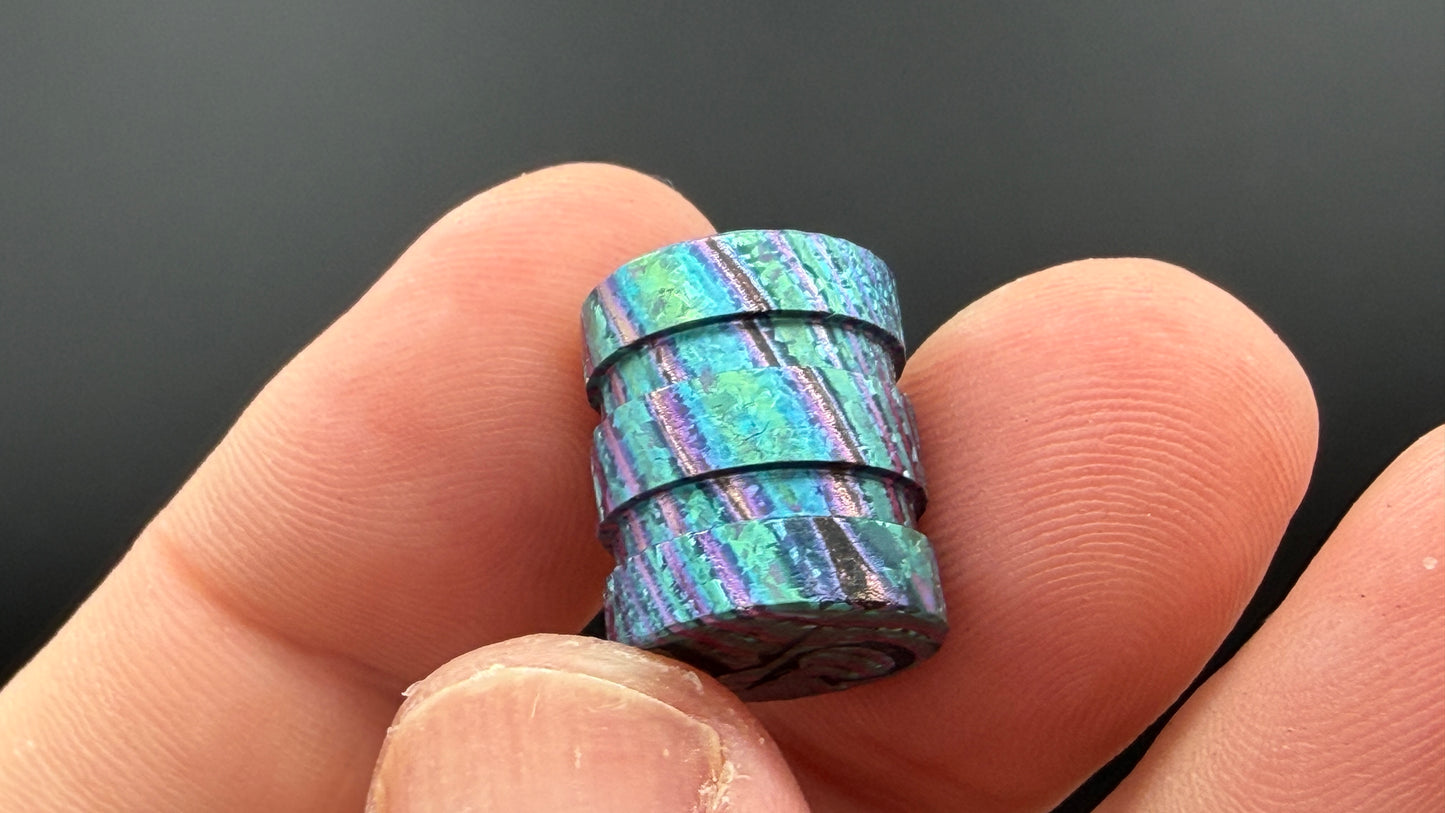 Purple, blue and green Zircuti two line The End Bead
