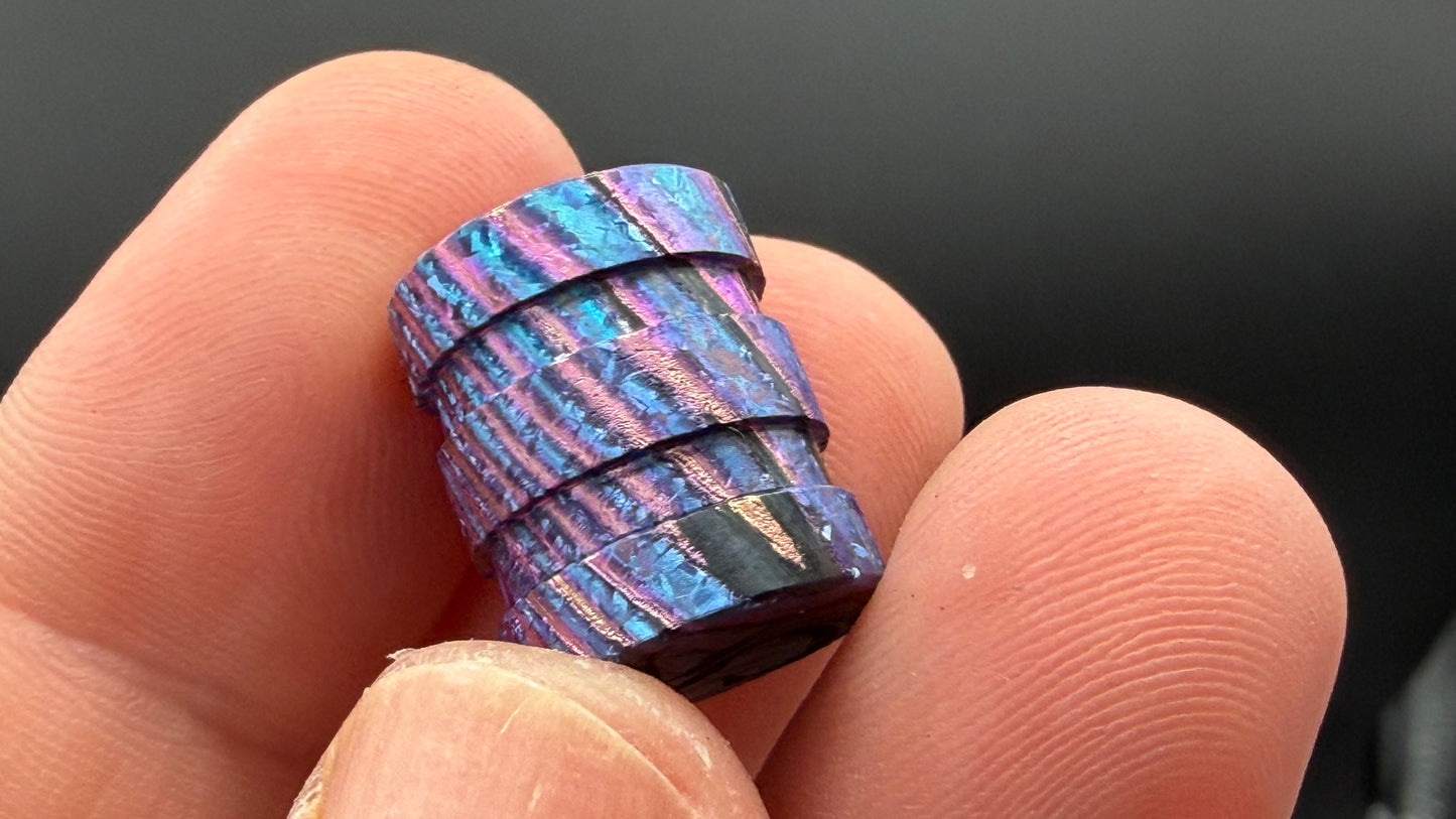 Purple, blue and pink Zircuti two line The End Bead
