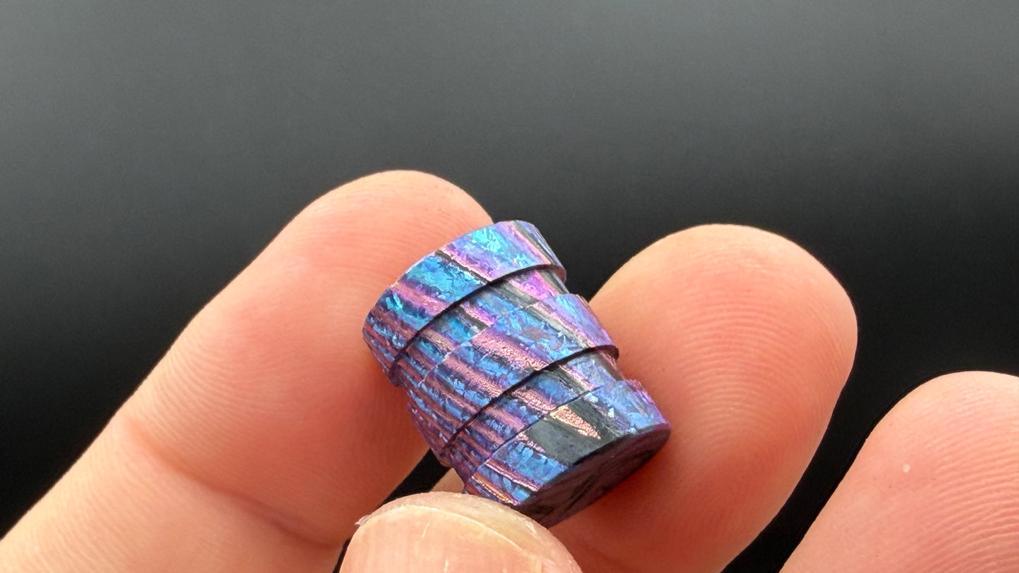 Purple, blue and pink Zircuti two line The End Bead