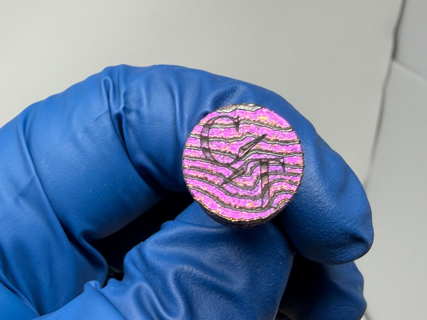 Purple, pink and gold Zircuti two line The End Bead