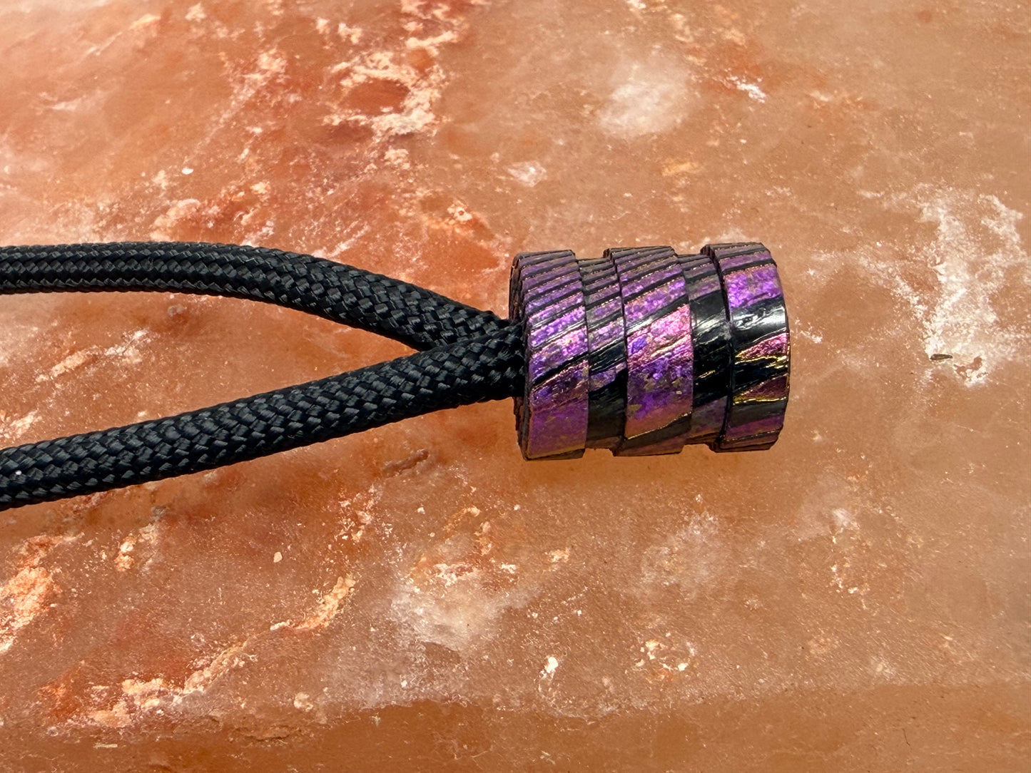 Purple, pink and gold Zircuti two line The End Bead