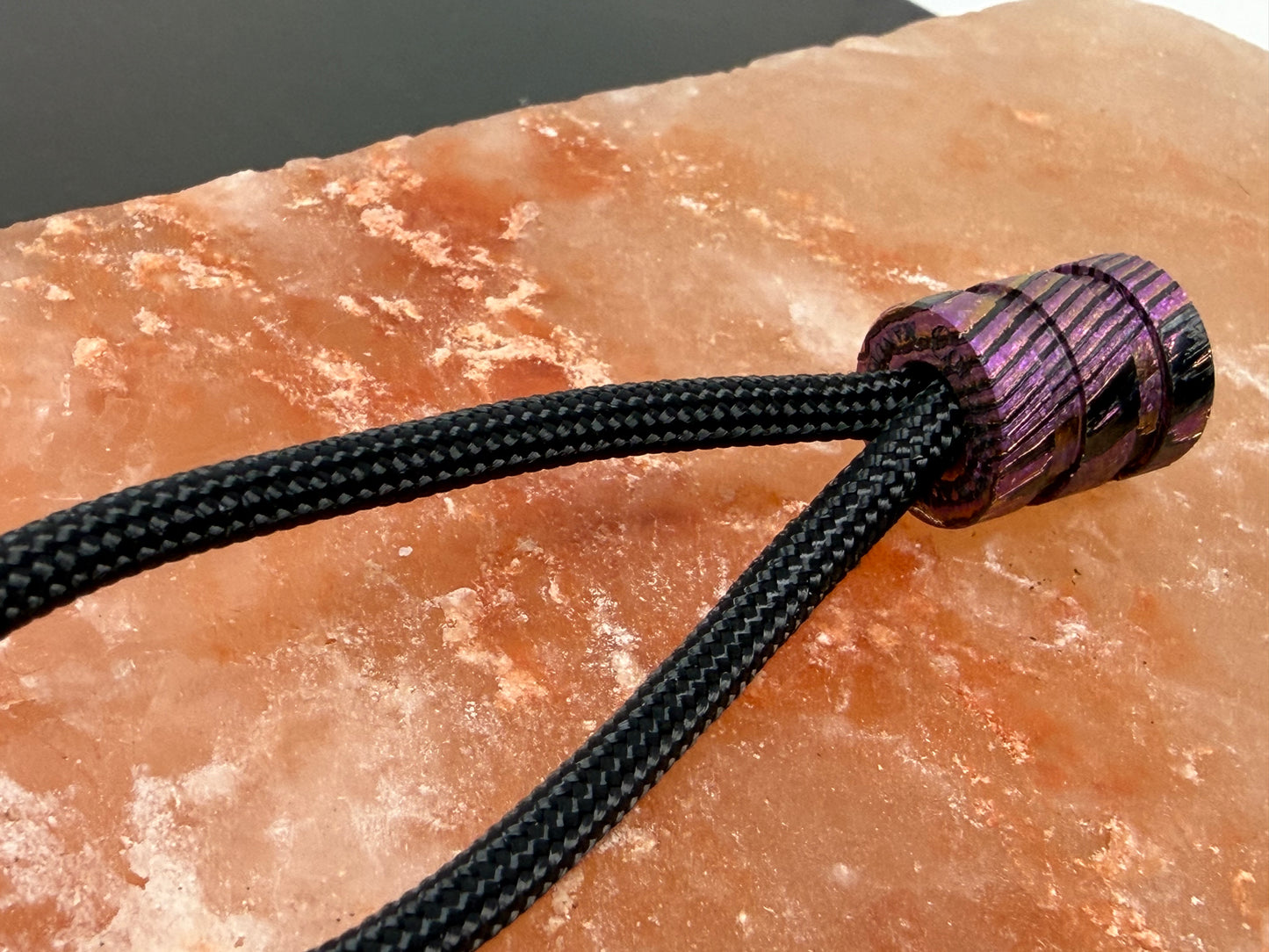 Purple, pink and gold Zircuti two line The End Bead