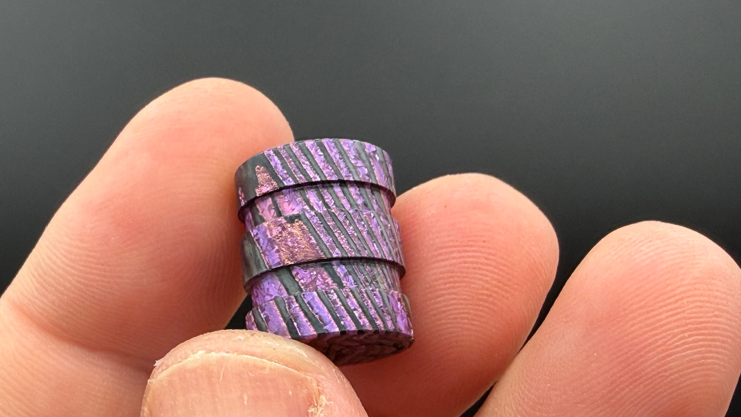 Purple, pink and gold Zircuti two line The End Bead